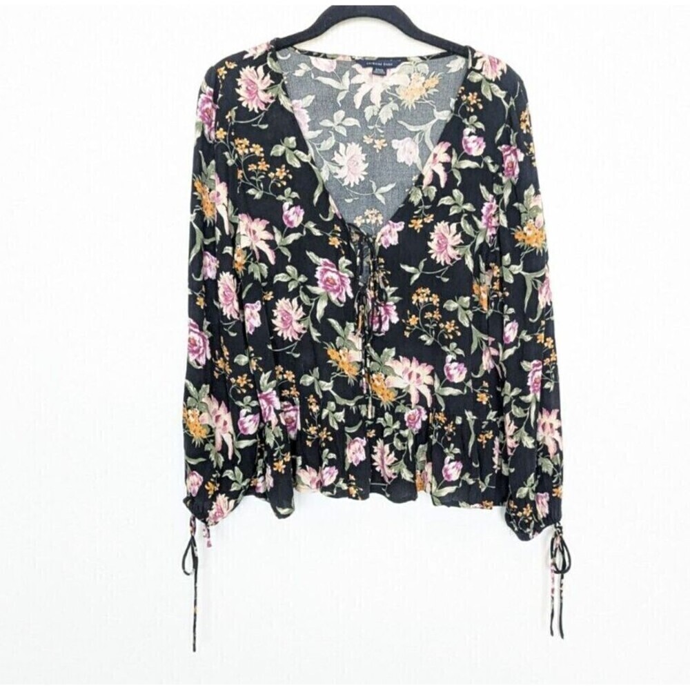American Eagle Blouse Womens S Black Floral Y2K Peplum Viscose‎ Casual Top
